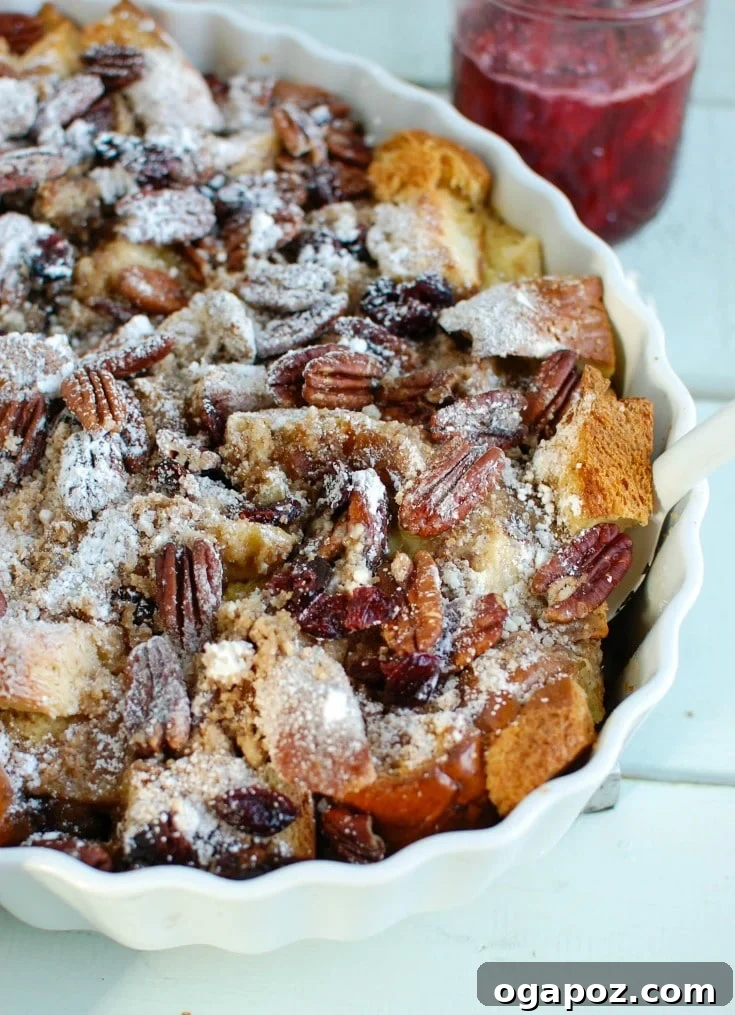 Make Ahead Eggnog French Toast Bake with Festive Cranberry Maple 3 Fresh ingredients laid out for making Overnight Eggnog French Toast Bake with Cranberry Maple Syrup.