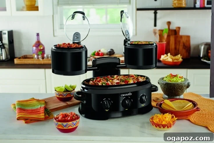 Hearty Slow Cooker Turkey Chili Mac and Cheese 4 The innovative Crock-Pot® Swing and Serve™ slow cooker, showcasing its three distinct cooking crocks.