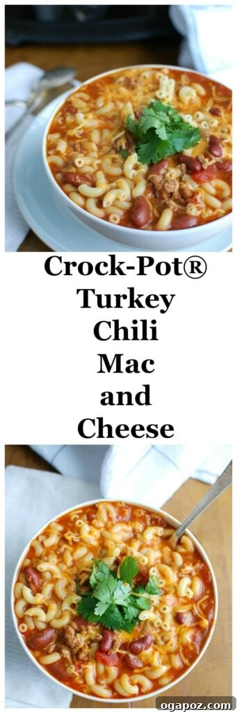 Hearty Slow Cooker Turkey Chili Mac and Cheese 8 A close-up vertical shot of the Crock-Pot® Turkey Chili Mac and Cheese, emphasizing its appeal as a family favorite.