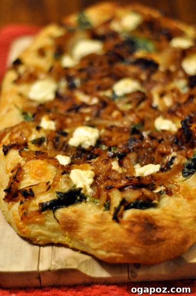 Artisan Caramelized Onion and Goat Cheese Pizza 2 A freshly baked Caramelized Onion and Goat Cheese Pizza with golden crust and bubbly cheese