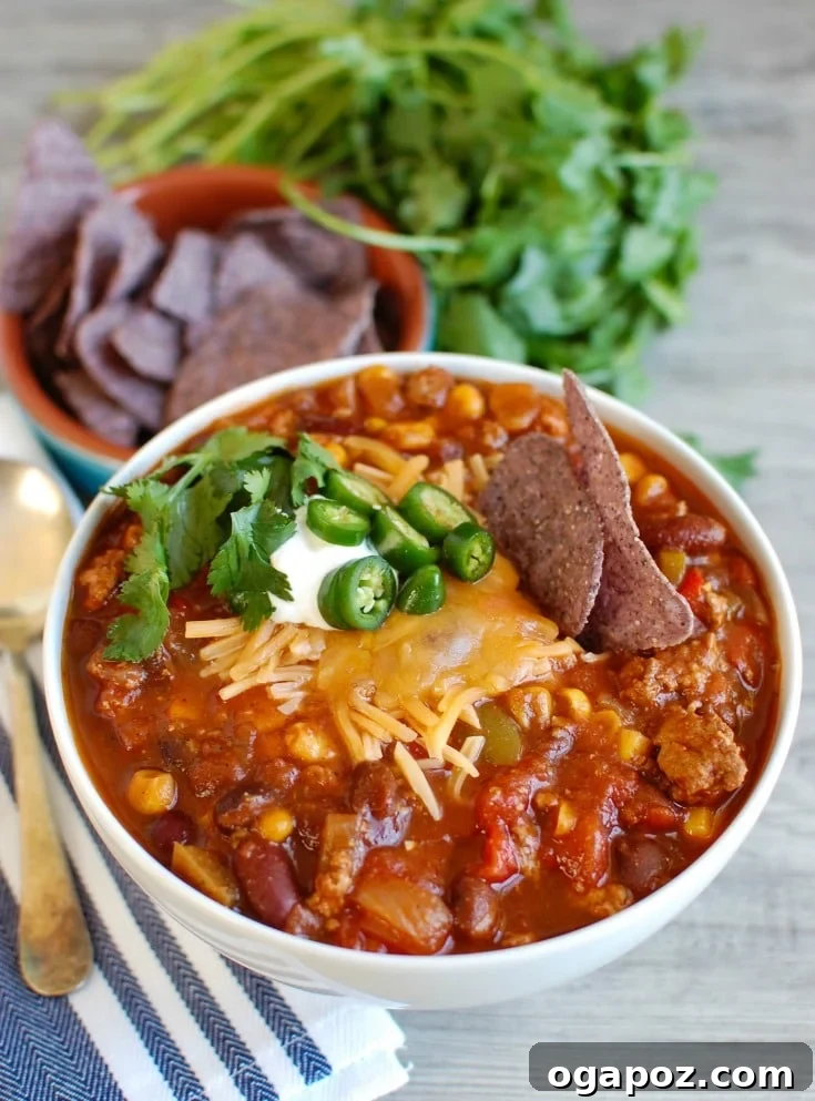 Slow Cooker Turkey Chili, a leaner and flavorful chili perfect for a hearty crockpot meal.