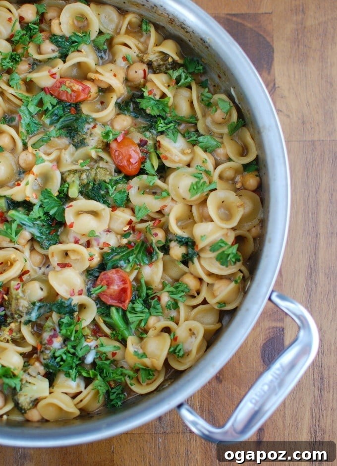 One Pot Kale Broccoli Chickpea Orecchiette Pasta, a protein-packed vegetarian dinner for the family.