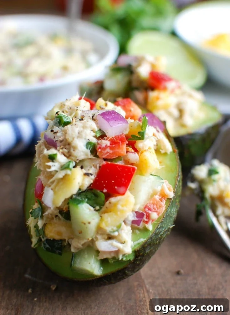 Tropical Tuna Stuffed Avocado, a quick and healthy lunch idea with fresh mango, cilantro, and Greek yogurt.
