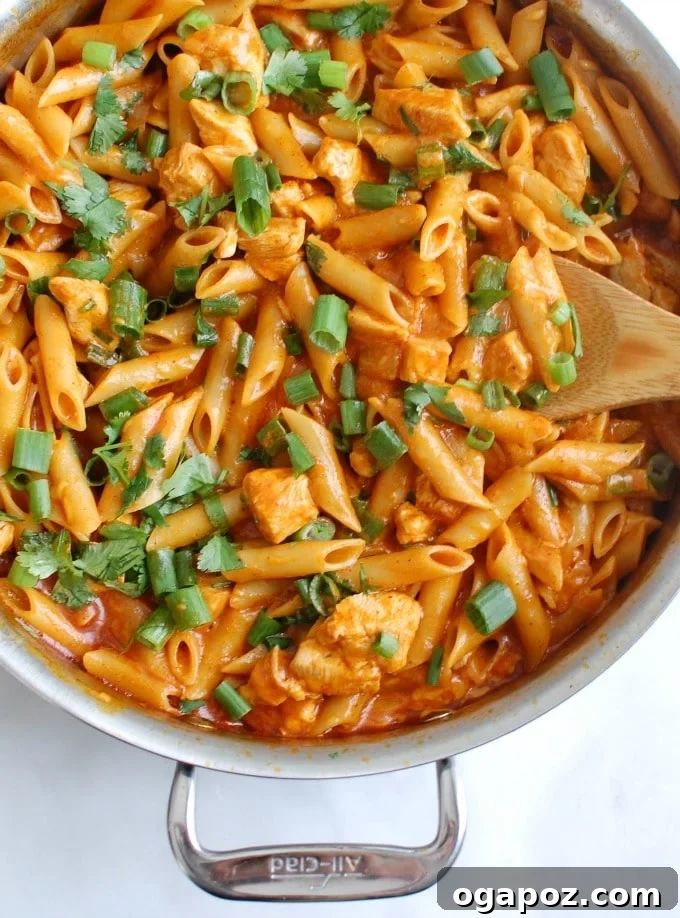 One Pot Chicken Enchilada Pasta, an easy and delicious dinner combining favorite enchilada flavors with pasta.