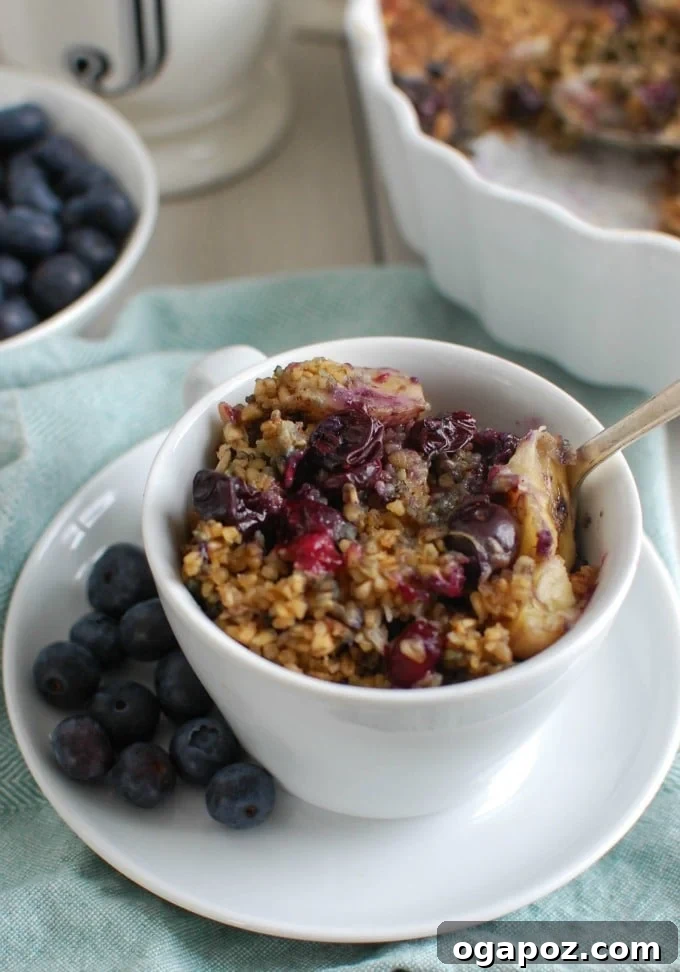 Baked Blueberry Banana Steel Cut Oatmeal, a healthy and hearty breakfast or snack for the whole family.