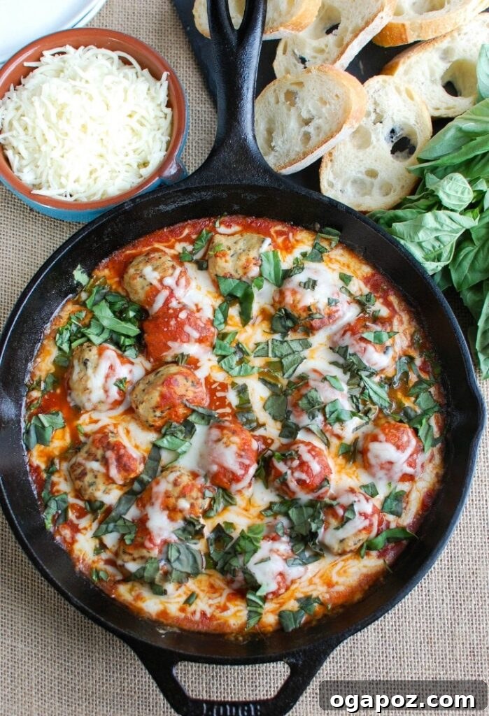 A vibrant selection of ingredients for Skillet Tomato Basil Meatballs, including ripe tomatoes, fresh basil, succulent meatballs, and blocks of mozzarella and Parmesan cheese.