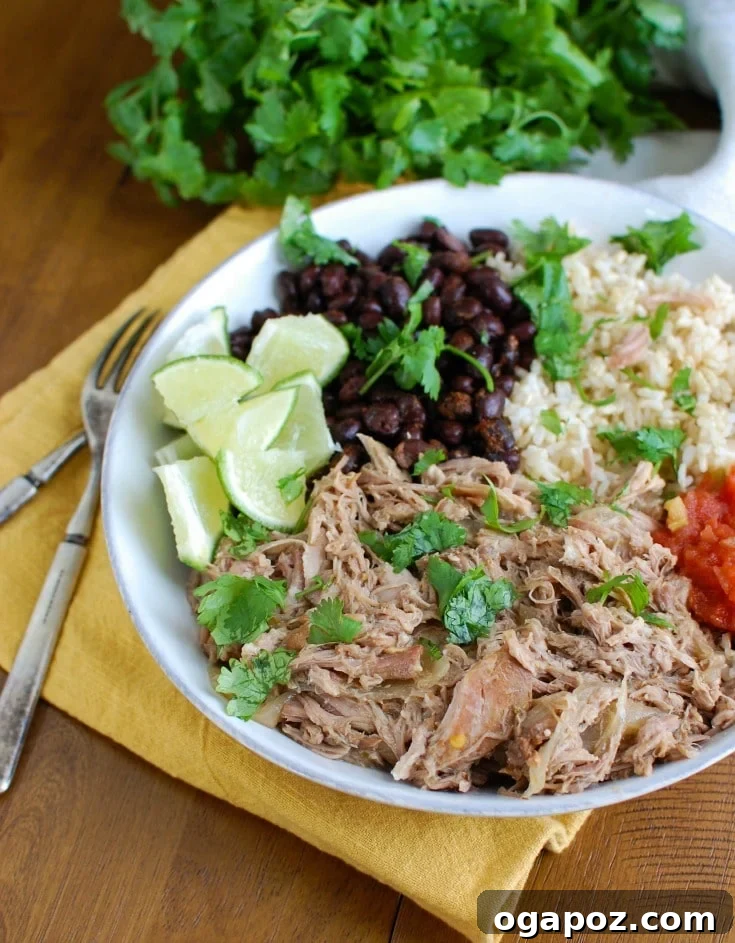 Slow Cooker Mojo Pork Rice Bowls 5 Slow Cooker Cuban Pork Rice Bowls garnished generously with fresh cilantro, ready to be enjoyed as a vibrant, healthy meal.