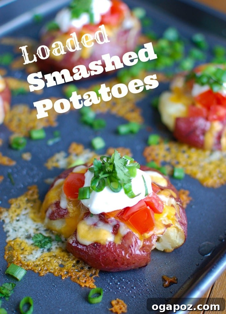 Supreme Smashed Potato Bites 2 Loaded Smashed Potatoes, crispy on the outside and soft on the inside, loaded with cheese, sour cream, tomatoes, green onion and cilantro. Perfect for family meals or game day parties.