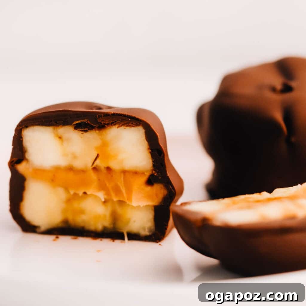 Decadent Peanut Butter Banana Chocolate Bites 2 A chocolate peanut butter banana bite sliced in half, revealing creamy peanut butter between frozen banana slices.