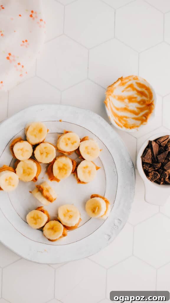 Decadent Peanut Butter Banana Chocolate Bites 3 Step-by-step image of assembling peanut butter banana bites on a parchment-lined plate.