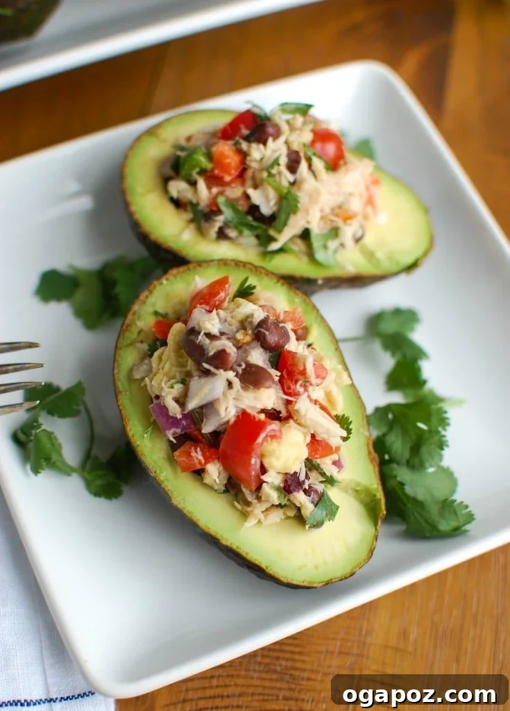 Zesty Mexican Tuna Avocado Boats 2 Mexican Tuna Stuffed Avocados, a healthy and easy snack or lunch that is also heart healthy, featuring tuna, black beans, fresh vegetables, lime juice, and spices.