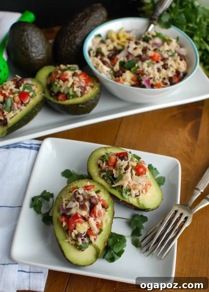 Zesty Mexican Tuna Avocado Boats 5 Full shot of Mexican Tuna Stuffed Avocados, showcasing the vibrant colors and appealing presentation of this heart-healthy dish.