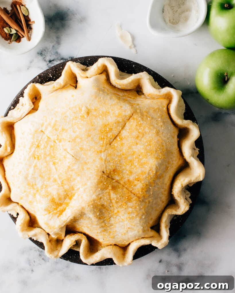 Foolproof Pie Crust You Can Make By Hand 18 A freshly assembled apple pie, ready to be baked to golden perfection.
