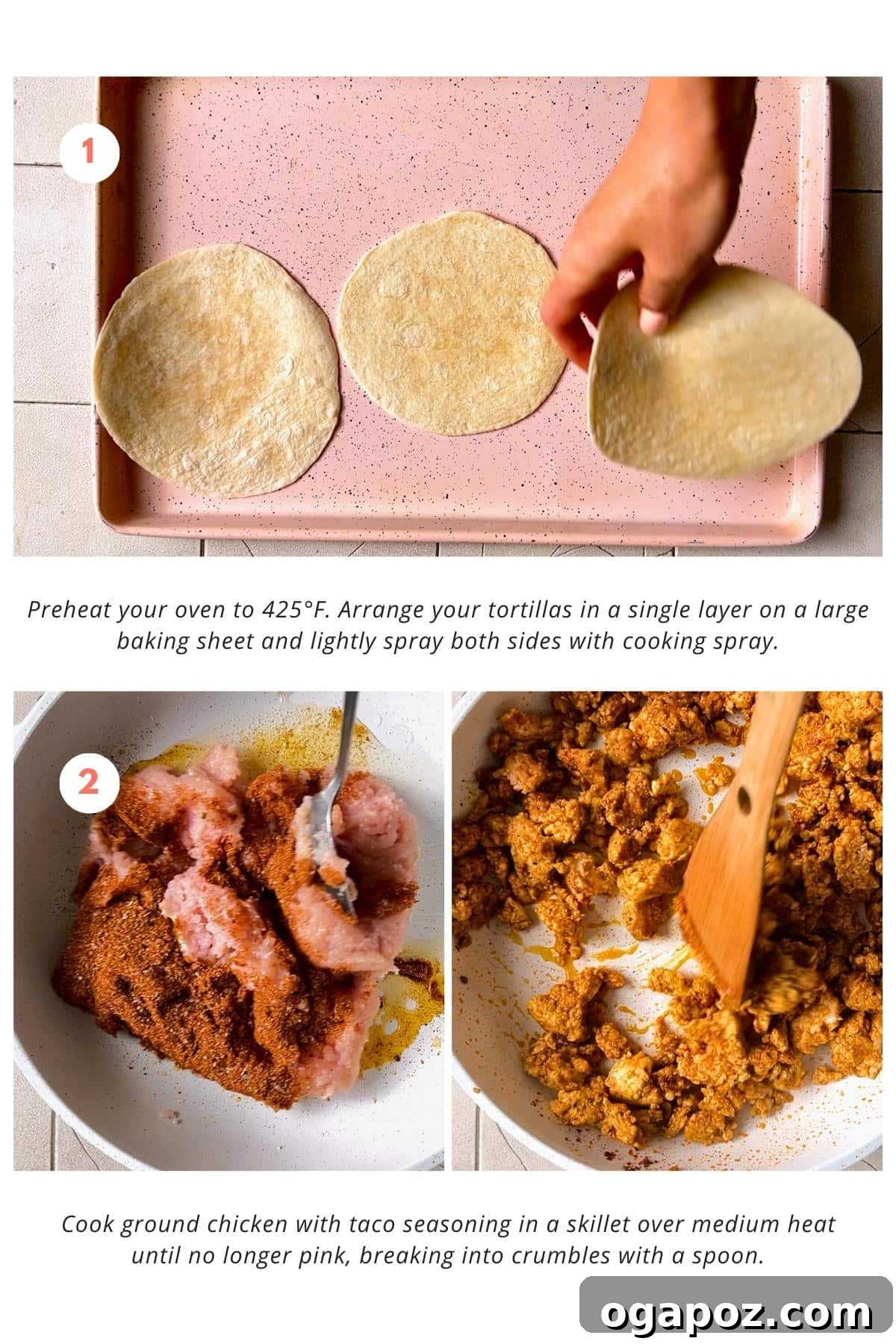 Golden Crispy Baked Chicken Tacos 4 Tortillas arranged in a single layer on a baking sheet, lightly sprayed with cooking spray. Ground chicken cooked with taco seasoning in a skillet until no longer pink.