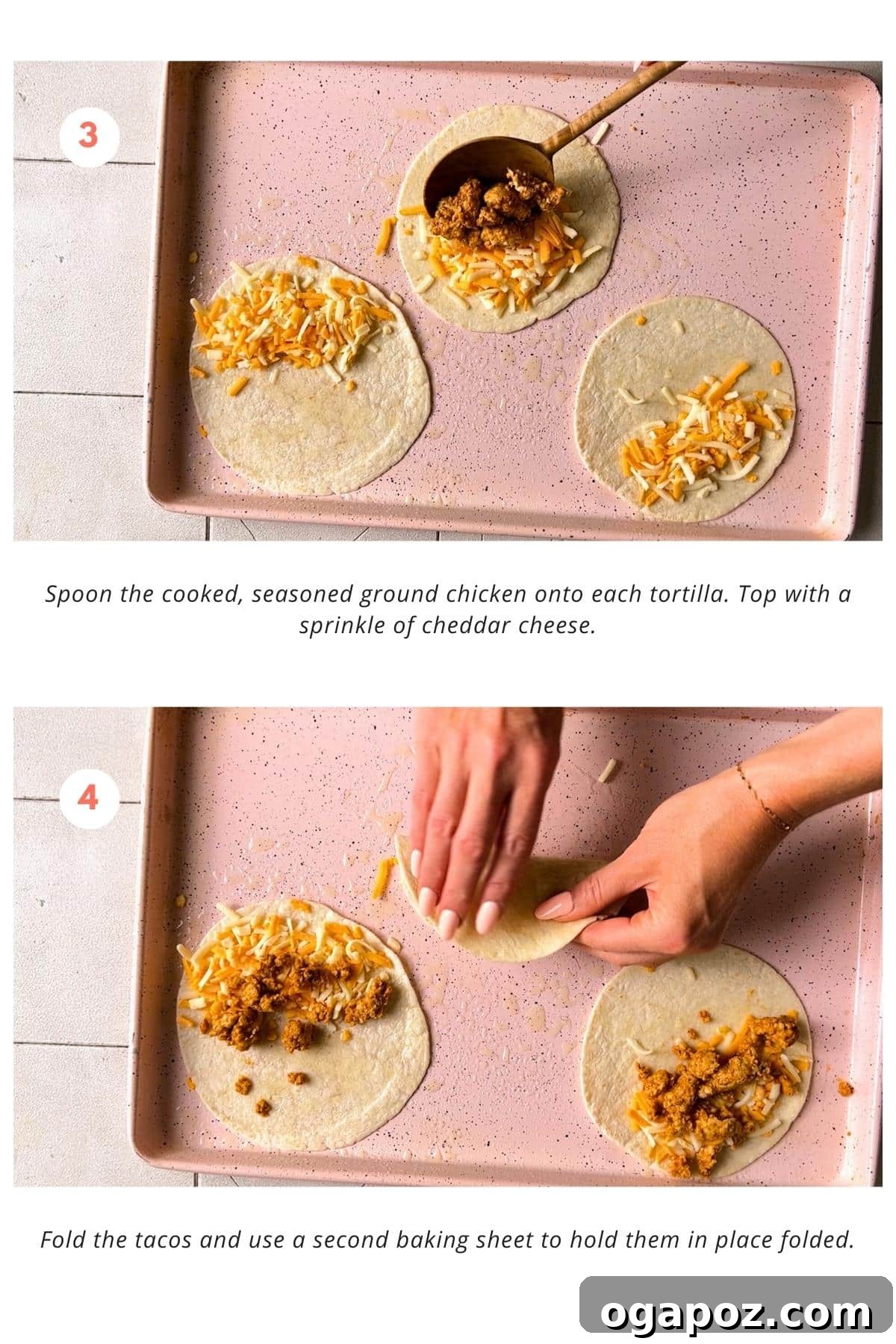 Golden Crispy Baked Chicken Tacos 5 Cooked, seasoned ground chicken spooned onto tortillas. Sprinkle of cheddar cheese on top. Tacos folded and secured with a second baking sheet.