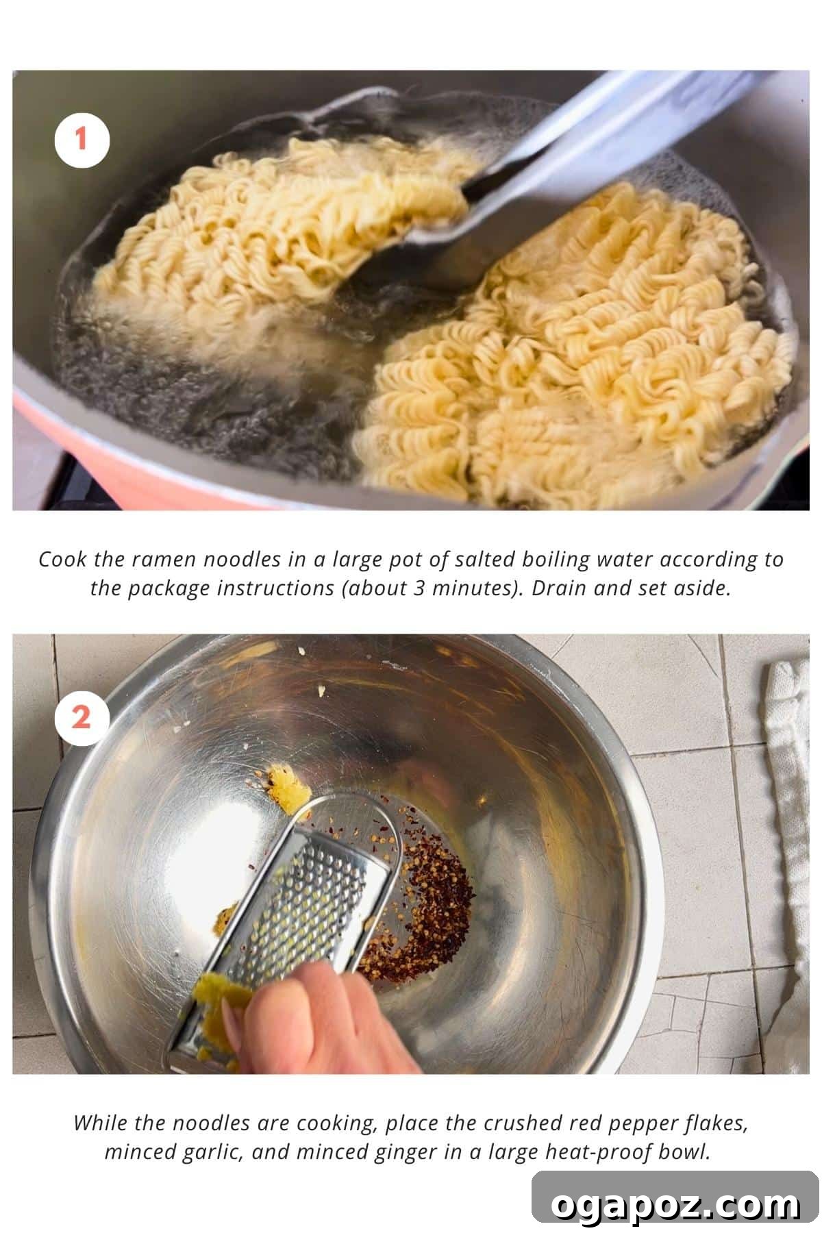 Fiery Chili Ramen 4 Two distinct images side-by-side: on the left, ramen noodles are boiling in water in a pot; on the right, minced garlic, ginger, and crushed red pepper flakes are neatly arranged in a heat-proof bowl, ready for hot oil to be poured over them.