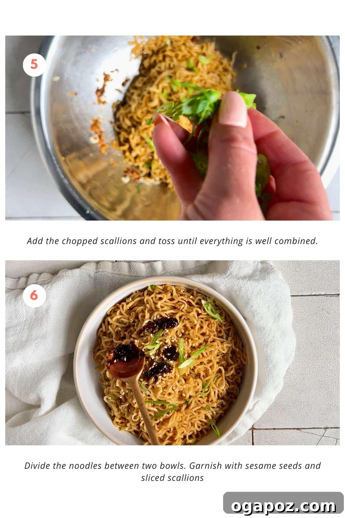 Fiery Chili Ramen 6 Two side-by-side images showing the final steps of preparing chili oil ramen: on the left, finely chopped scallions are added to the noodles in a bowl and being tossed to combine; on the right, the completed chili oil ramen is divided into two bowls, beautifully garnished with sesame seeds and more sliced scallions.