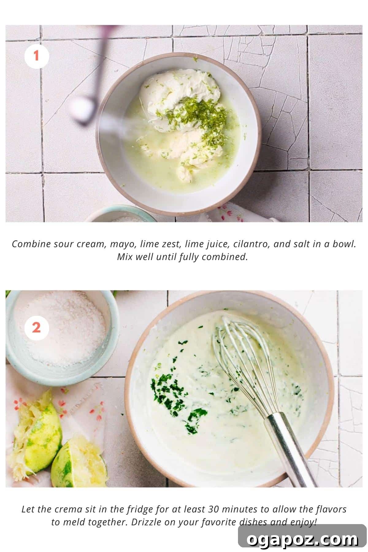 Vibrant Cilantro-Lime Drizzle 4 Combining ingredients in a small bowl: sour cream, mayonnaise, lime zest, lime juice, minced cilantro, and kosher salt. Stirring well to ensure thorough mixing.