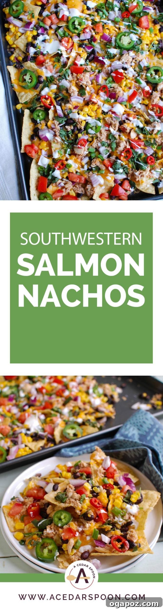 Adobe Salmon Nachos 5 A top-down view of a generously loaded sheet pan of Southwestern Salmon Nachos, showcasing the colorful array of fresh toppings over melted cheese and salmon on tortilla chips.