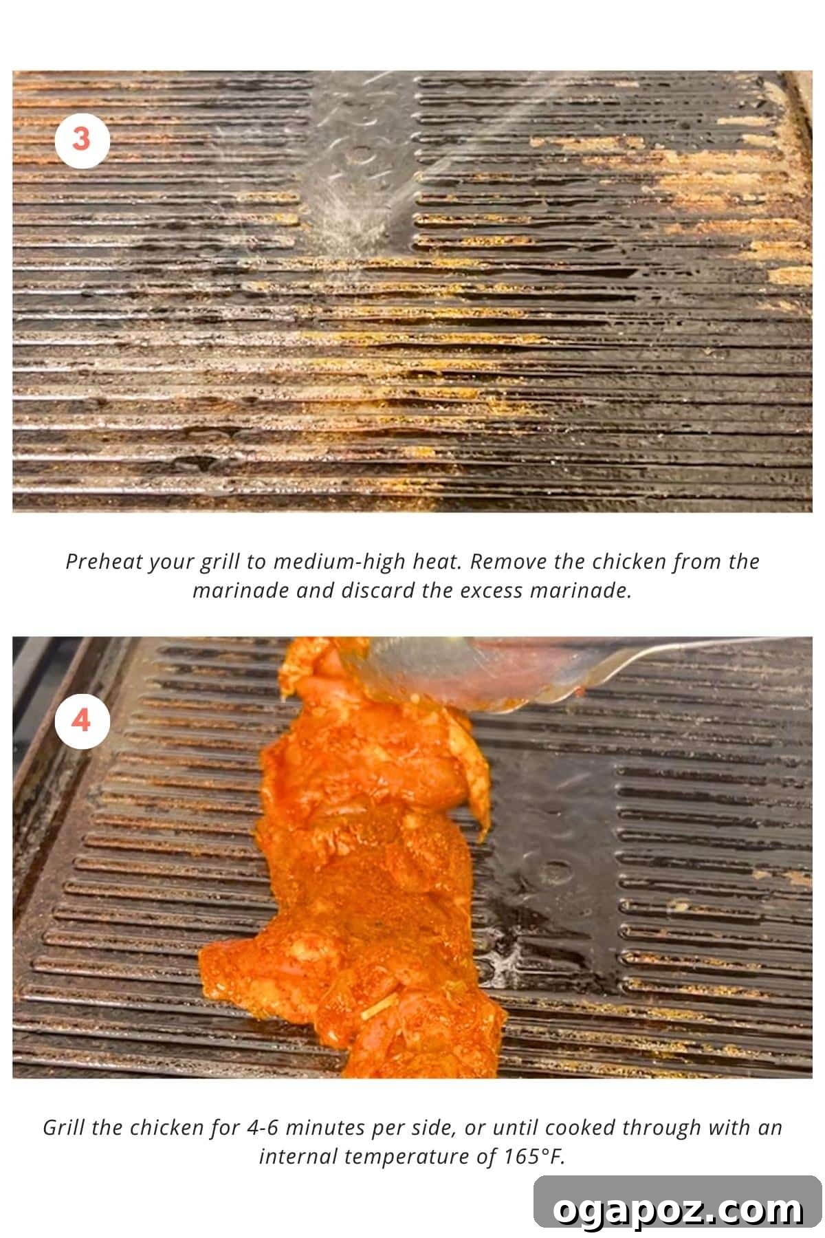 Authentic Chicken Street Tacos 6 The grill is preheated to medium-high heat. The chicken is removed from the marinade and excess marinade is discarded. The chicken is grilled for 4-6 minutes per side, or until cooked through with an internal temperature of 165°F.