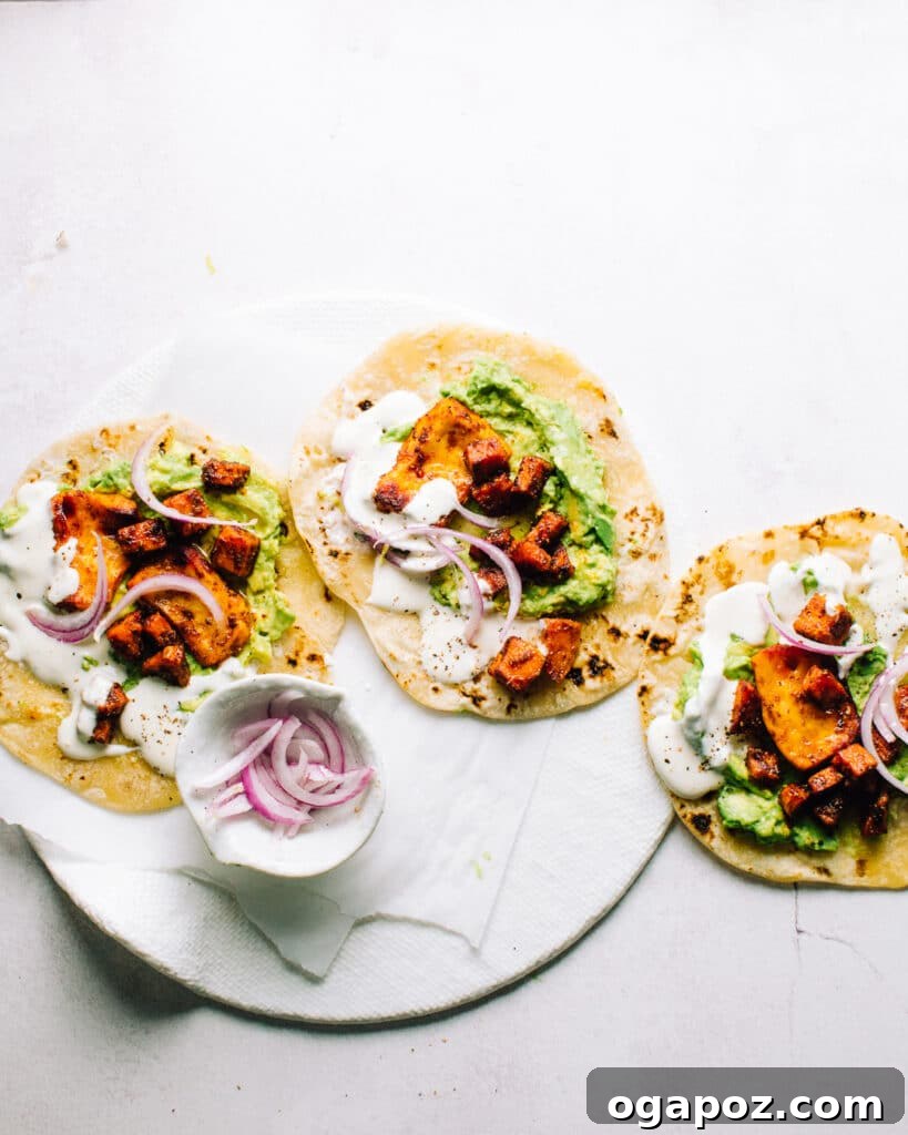 Roasted Sweet Potato Halloumi Tacos 5 Close-up of fully assembled Halloumi and Sweet Potato Sheet Pan Tacos.