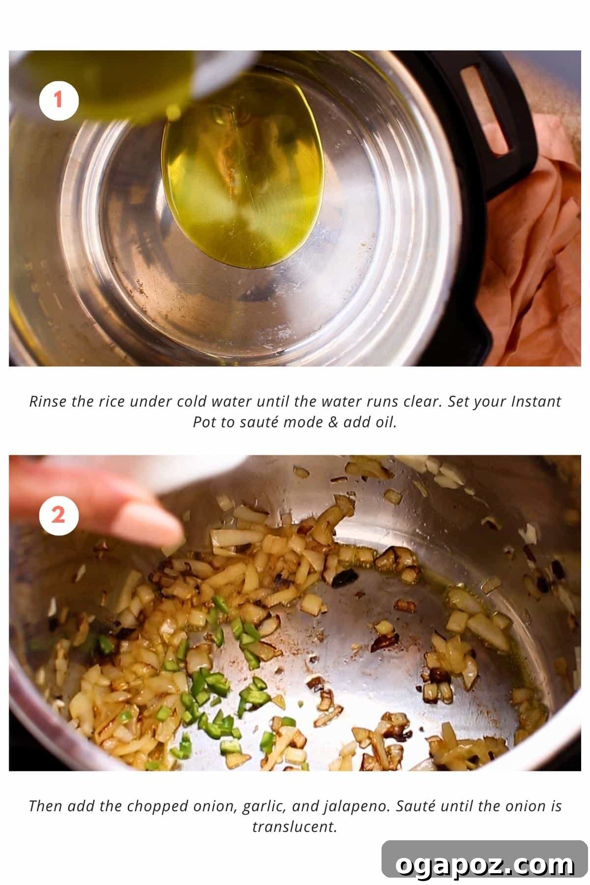 Easy Instant Pot Mexican Rice 4 The Instant Pot is set to sauté mode, and a small amount of oil is added to the pot. Chopped onion, garlic, and jalapeno are then added and sautéed until the onion turns translucent.