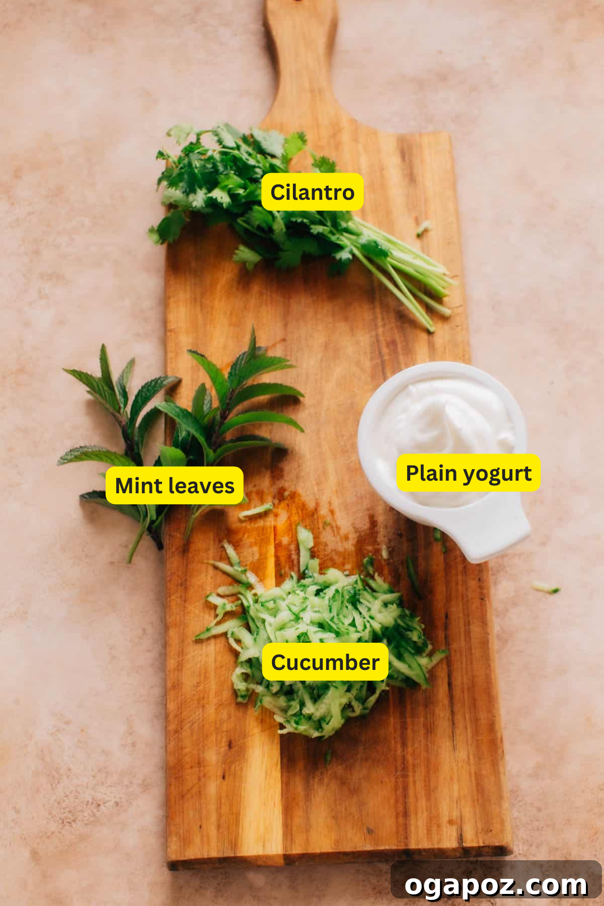 Refreshing Indian Raita: Simple Yogurt Sauce Recipe 3 A flat lay photograph showcasing all the fresh ingredients needed to make Indian Yogurt Sauce (Raita), including plain yogurt, cucumber, cilantro, mint, and a green chili.