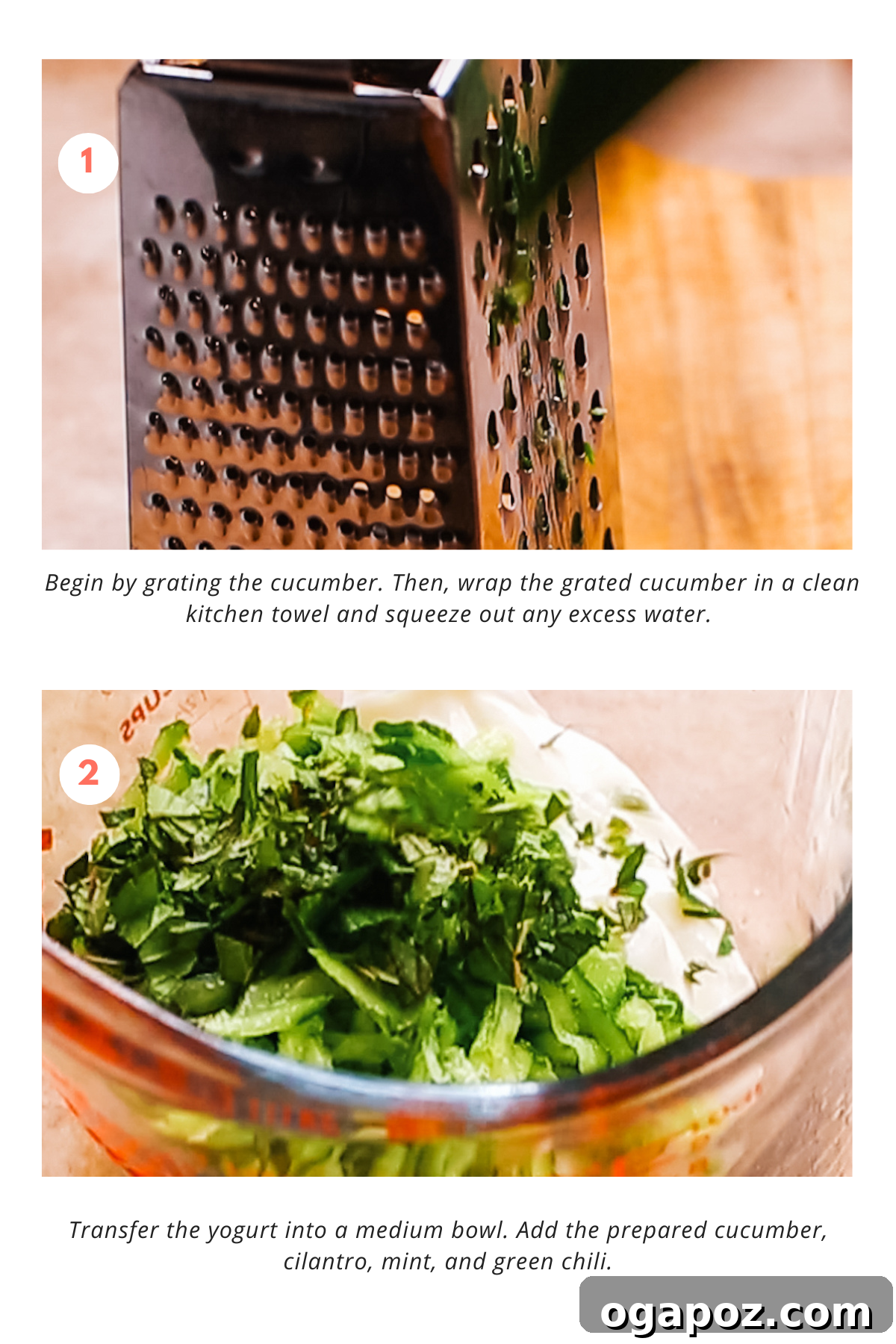 Refreshing Indian Raita: Simple Yogurt Sauce Recipe 4 A visual collage showing the three main steps to prepare Indian Yogurt Sauce: grating cucumber, mixing ingredients in a bowl, and the finished Raita.
