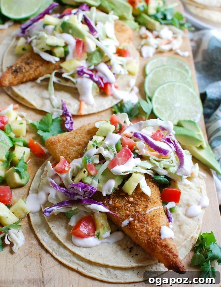 Tropical Fish Tacos with Sweet Heat Pineapple Salsa 5 A final close-up of a single Easy Fish Taco with Spicy Pineapple Salsa, showcasing the perfect assembly and enticing textures.