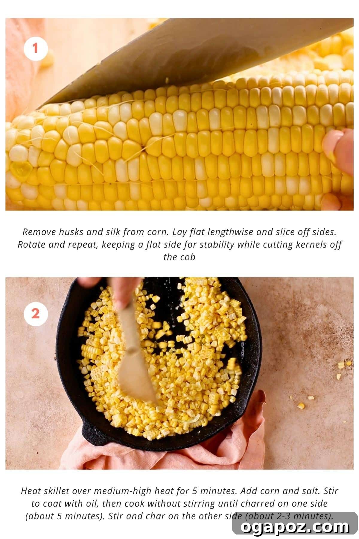 The process of preparing corn kernels from the cob for Mexican Street Corn Salad.