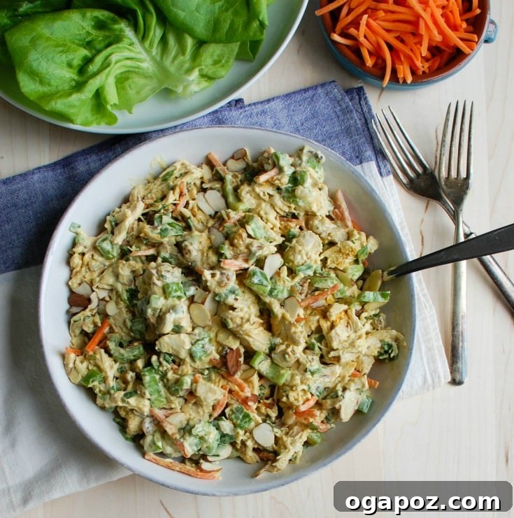Effortless Curried Chicken Salad 4 A serving of Simple Curry Chicken Salad garnished with fresh parsley, ready to be enjoyed as a light and flavorful meal.