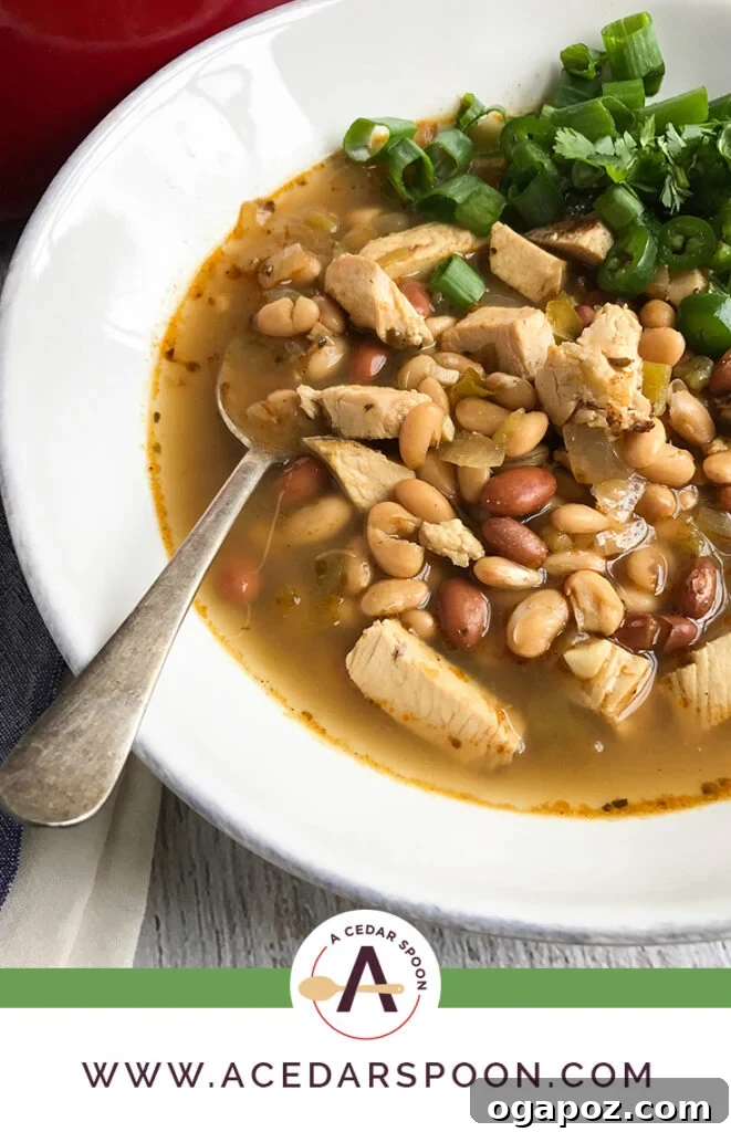 A vibrant bowl of Green Chicken Chili, garnished with fresh cilantro and a dollop of sour cream.