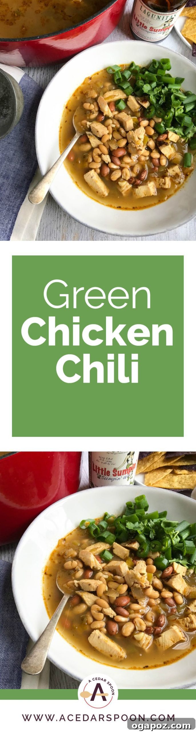 A large pot of Green Chicken Chili ready to be served, showcasing its rich texture and color.