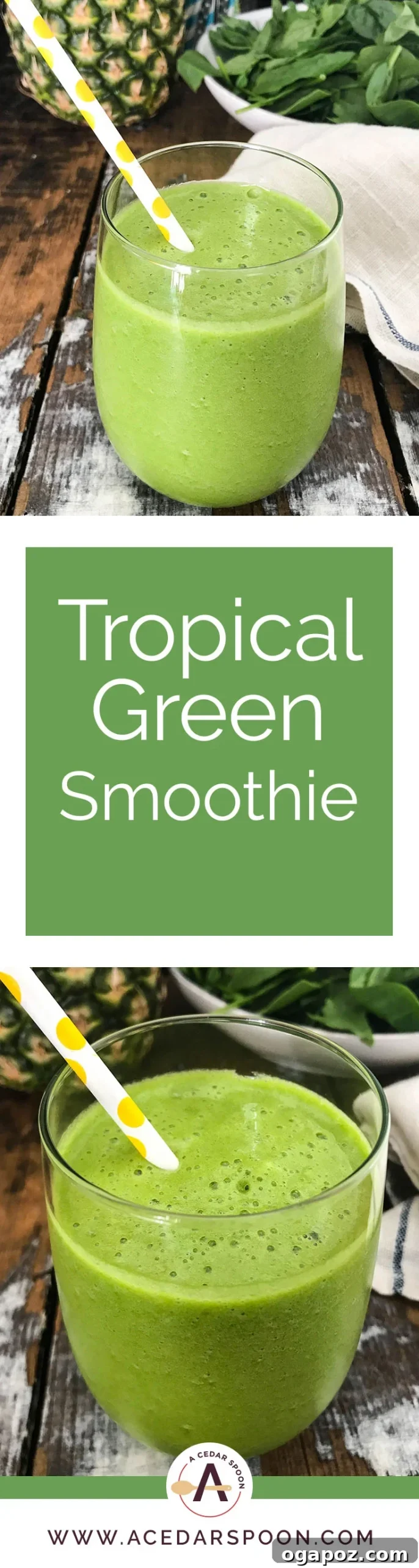 Island Green Elixir 5 This Tropical Green Smoothie is the perfect summer smoothie mixing a granny smith apple, fresh spinach, mint and frozen pineapple. You will get a good dose of your fruits and vegetables, while feeling refreshed on a hot summer day.