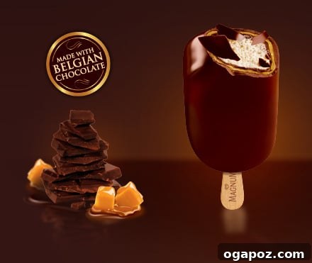 Another angle of the Magnum ice cream bar, highlighting its creamy interior
