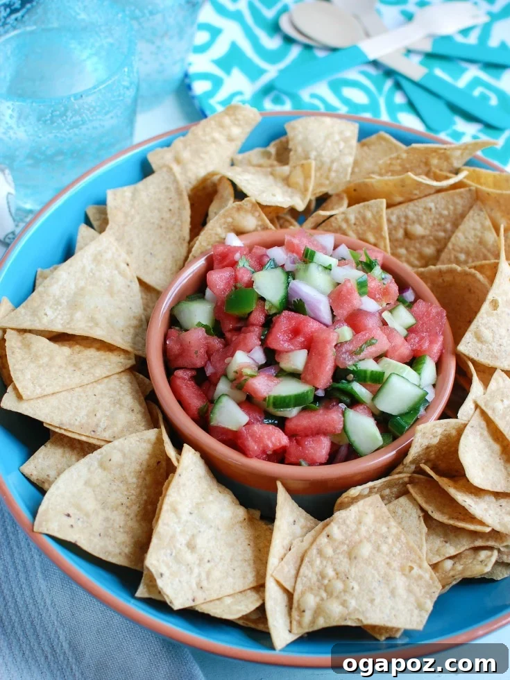 Refreshing Cucumber Pico 2 Vibrant Watermelon Cucumber Salsa served in a rustic bowl with crunchy tortilla chips for dipping.