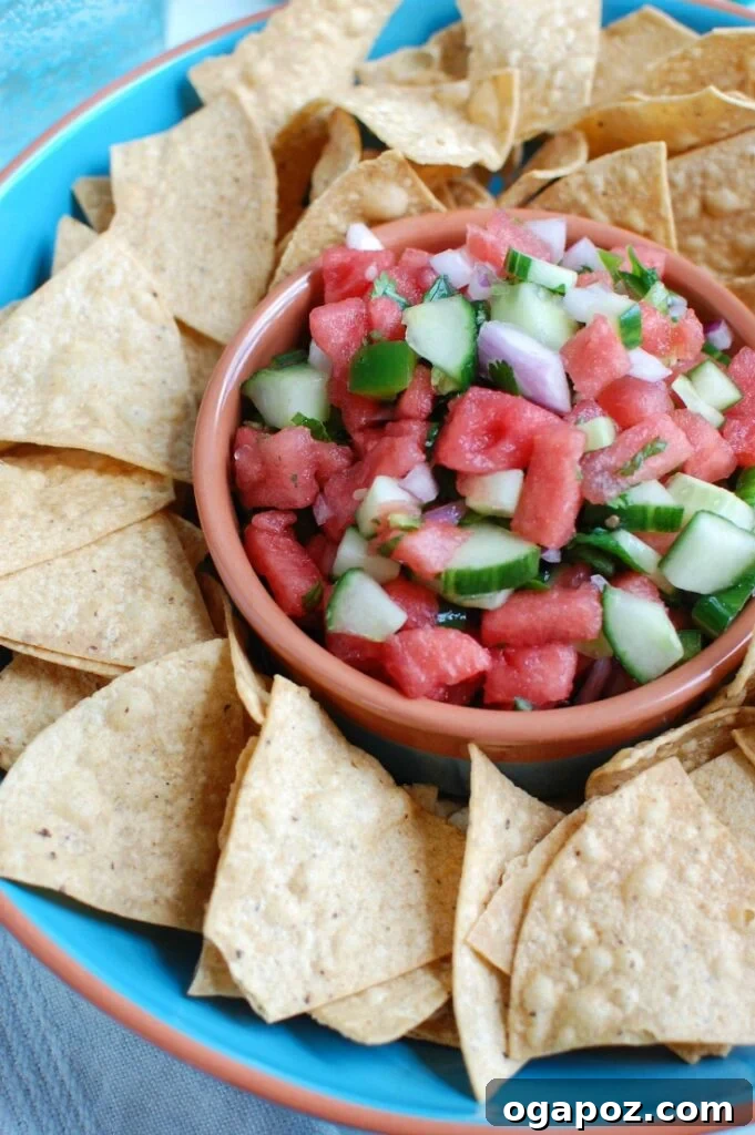 Refreshing Cucumber Pico 3 Fresh ingredients laid out beautifully for Watermelon Cucumber Salsa: vibrant red watermelon chunks, green cucumber slices, thinly sliced red onion, fresh cilantro sprigs, and a halved lime.