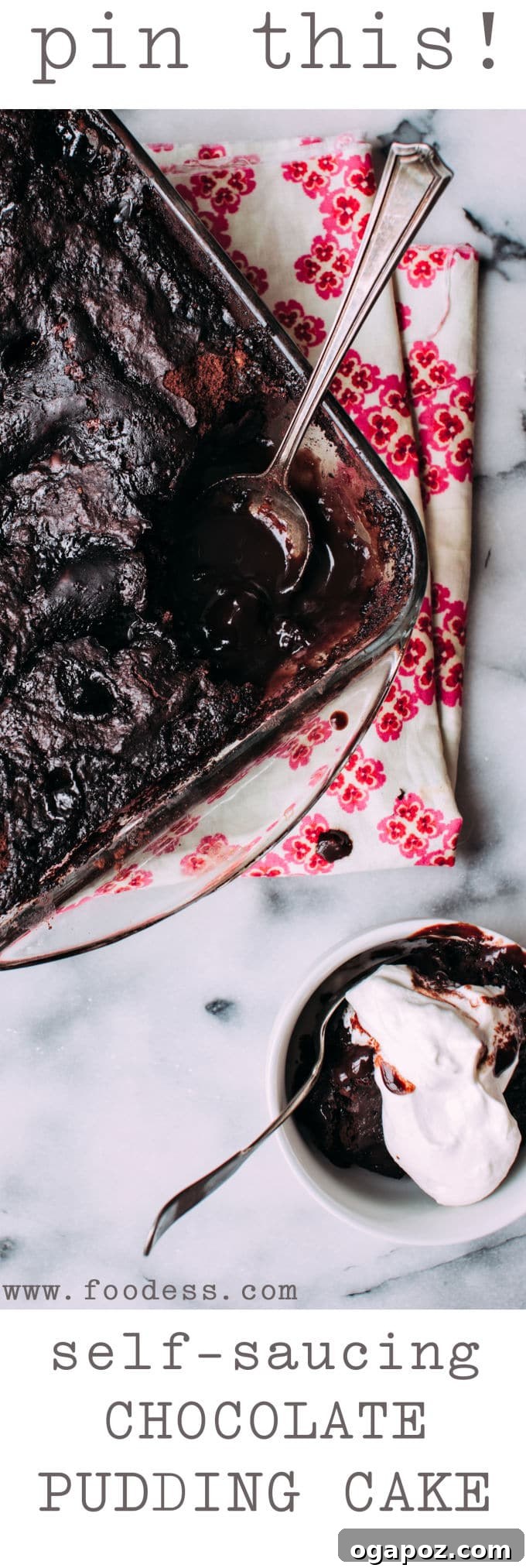Decadent Chocolate Pudding Cake 6 A full chocolate pudding cake in a pan, with a scoop removed showing the distinct cake and pudding layers