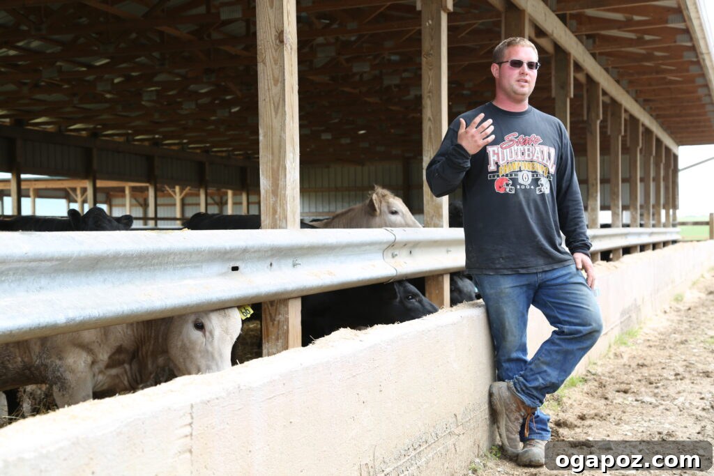 Perfectly Grilled Beef: 9 Expert Techniques 5 Christian Hoffman, a farmer, standing proudly next to his healthy beef cattle in a field, discussing their care.