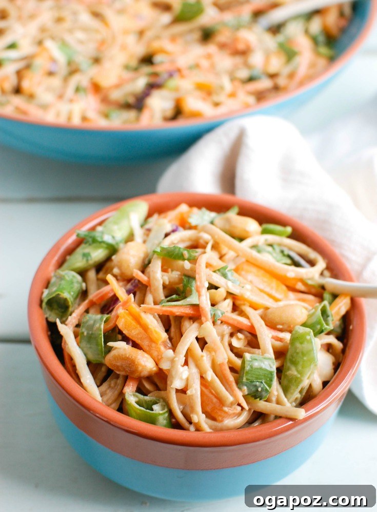 Vibrant Asian Noodle Salad with Zesty Peanut Sauce 3 Close-up of Asian Vegetable Noodle Salad showing a colorful mix of linguine, shredded carrots, bell peppers, and green onions, coated in spicy peanut sauce.