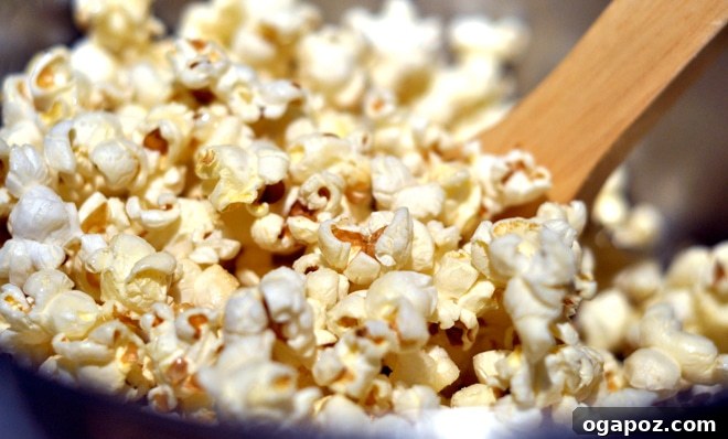 Close-up of freshly made kettle corn, showing the sugar coating
