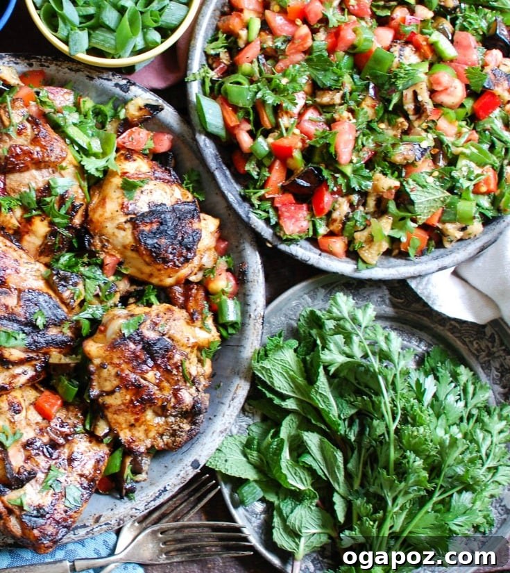 Vibrant Mediterranean Eggplant Medley 6 Mediterranean Eggplant Salad served with grilled chicken, showing a full meal presentation.