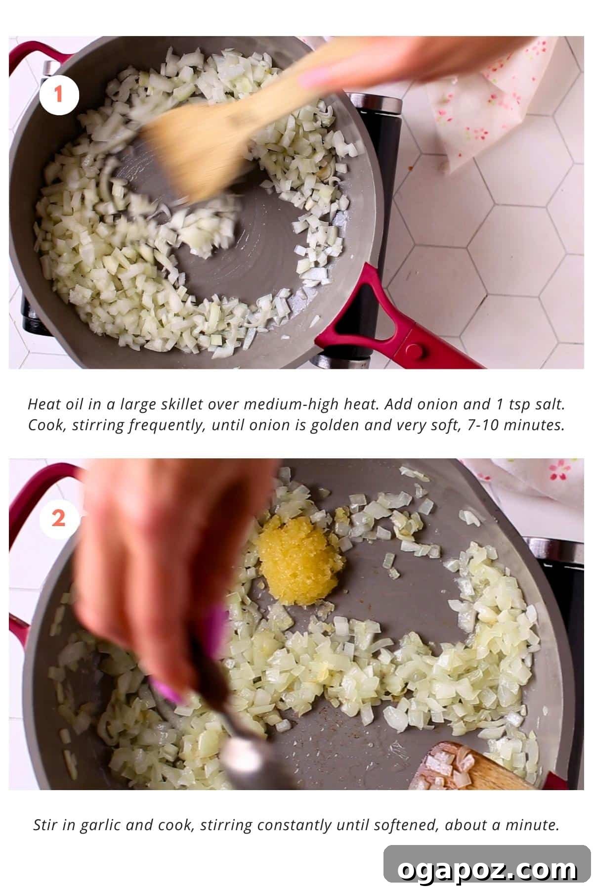 Portable Fiesta Bake 4 In a large skillet, finely chopped onion is sautéed over medium-high heat with a pinch of salt until it becomes golden brown and very soft, stirring frequently. Minced garlic is then added and cooked until fragrant, about one minute.