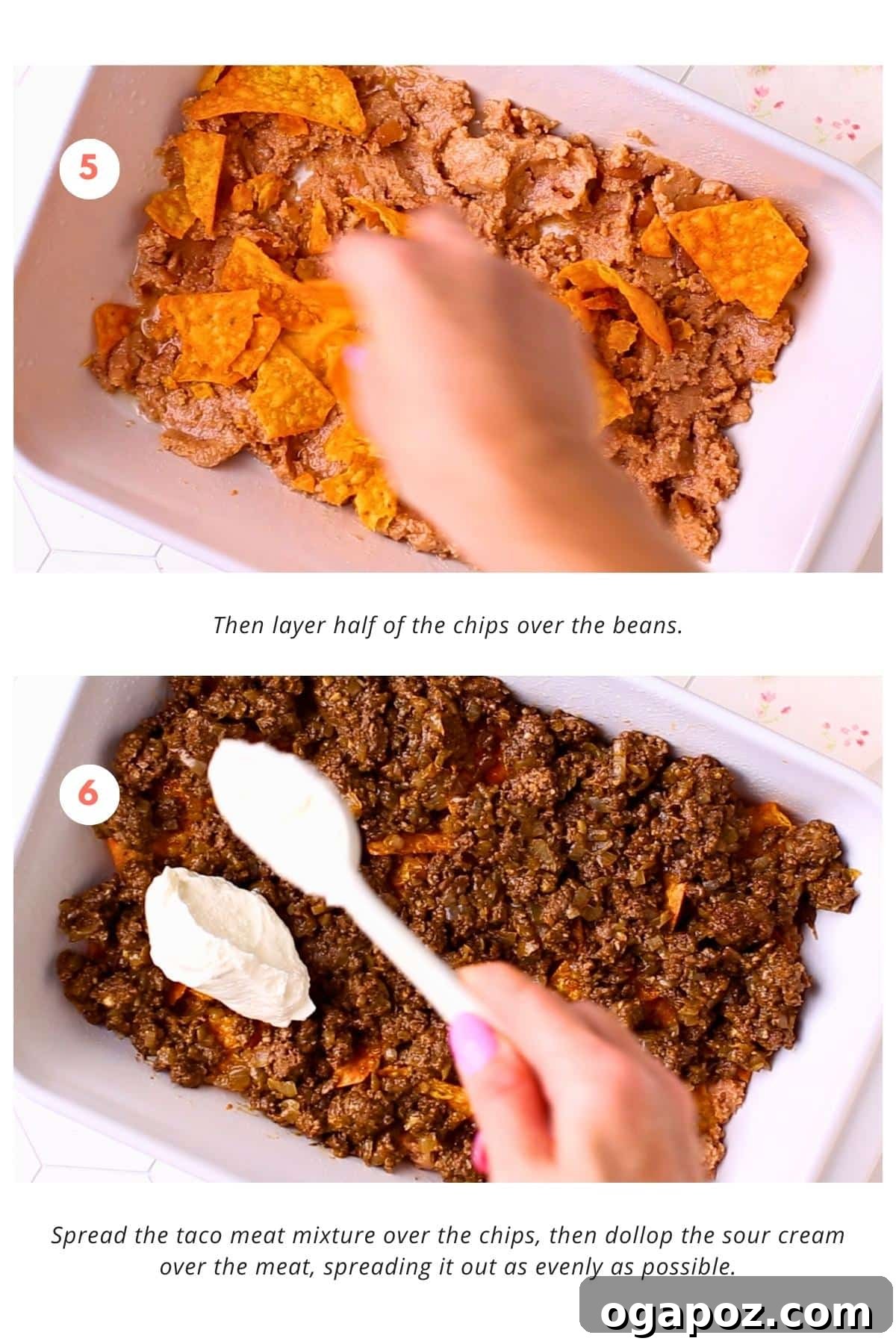 Portable Fiesta Bake 6 The baking dish now shows a layered construction. Over the refried beans and a layer of corn chips, the seasoned taco meat is spread evenly. On top of the meat, dollops of sour cream are meticulously spread to cover the entire surface, ensuring a creamy texture throughout the casserole.