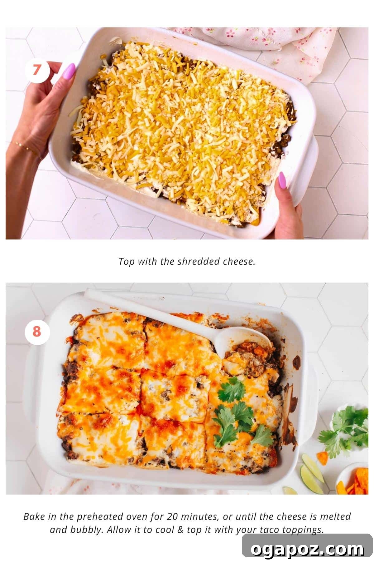 Portable Fiesta Bake 7 The completed casserole, generously topped with shredded cheese, is shown baking in a preheated oven. The cheese is perfectly melted and bubbly, indicating it's nearly ready to be removed and served.