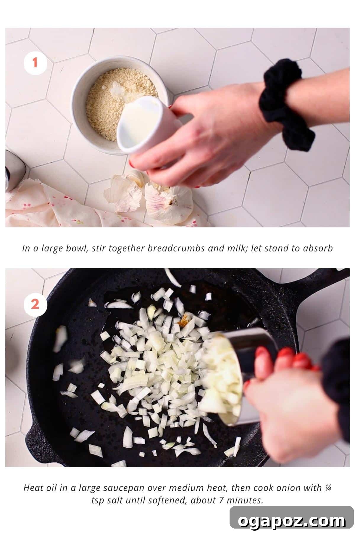 Irresistibly Juicy Ground Chicken Burgers 4 A large bowl containing breadcrumbs and milk being stirred, with a separate pan on a stovetop where minced onion is sautéing in olive oil.