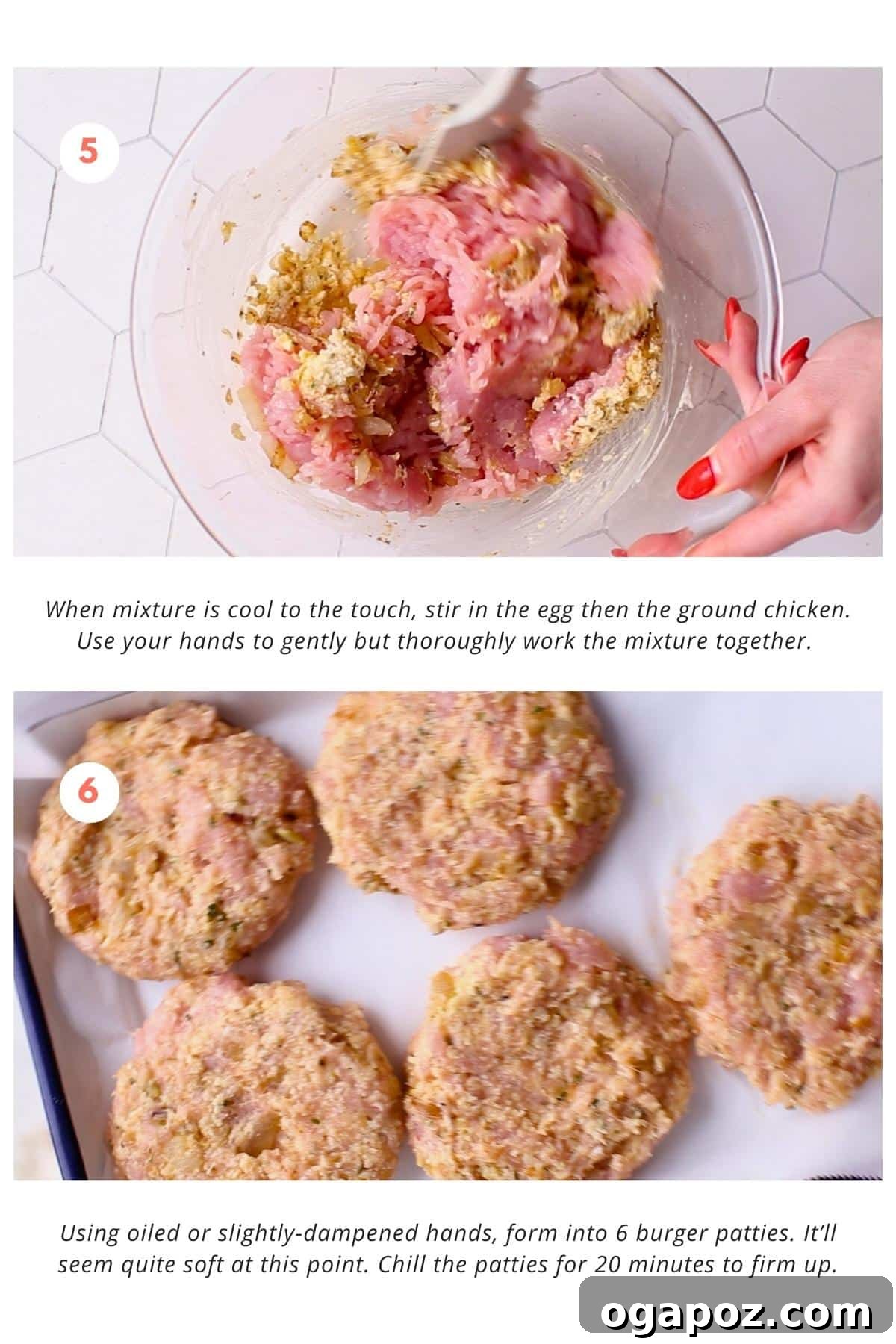 Irresistibly Juicy Ground Chicken Burgers 5 Hands gently working the ground chicken mixture in a bowl, followed by perfectly formed chicken burger patties chilling on a parchment-lined tray.