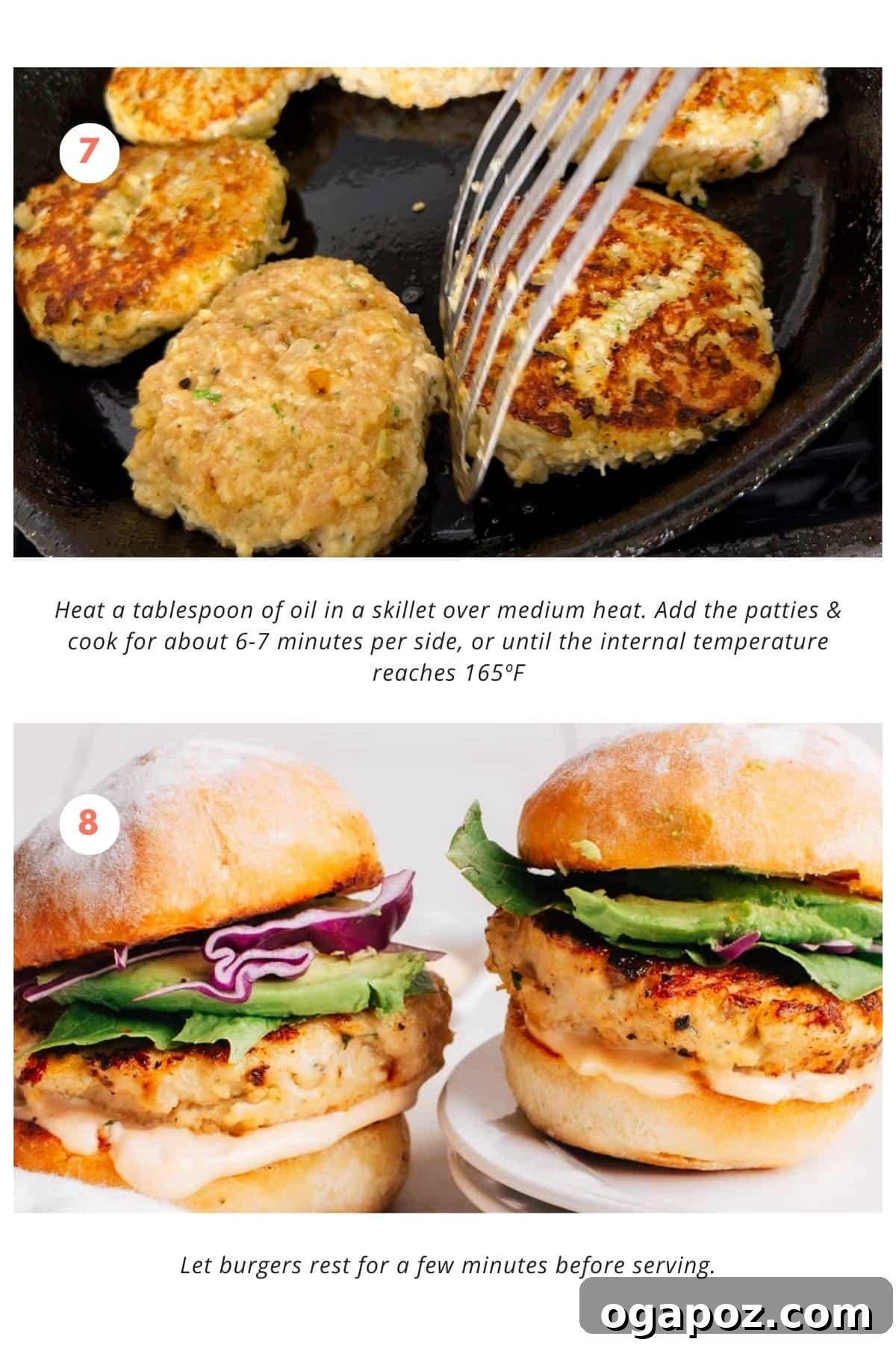 Irresistibly Juicy Ground Chicken Burgers 6 Three ground chicken burger patties sizzling in a hot skillet with a small amount of oil, cooking to a golden-brown finish.