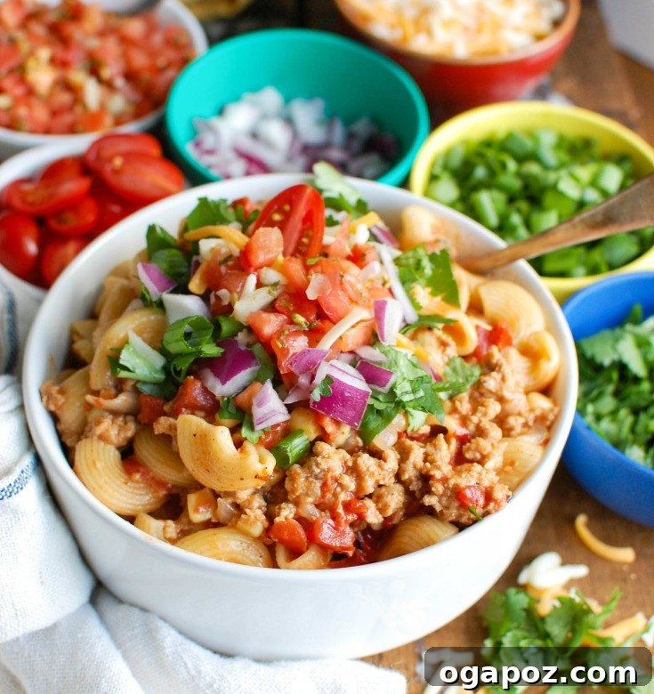 Instant Pot Taco-Spiced Turkey Pasta 2 Instant Pot Turkey Taco Pasta is a zesty meal that the whole family will love. This meal cooked in no time when using your Instant Pot or pressure cooker. The ground turkey, taco seasoning, fired roasted tomatoes paired with pasta make this a fun alternative to taco night.