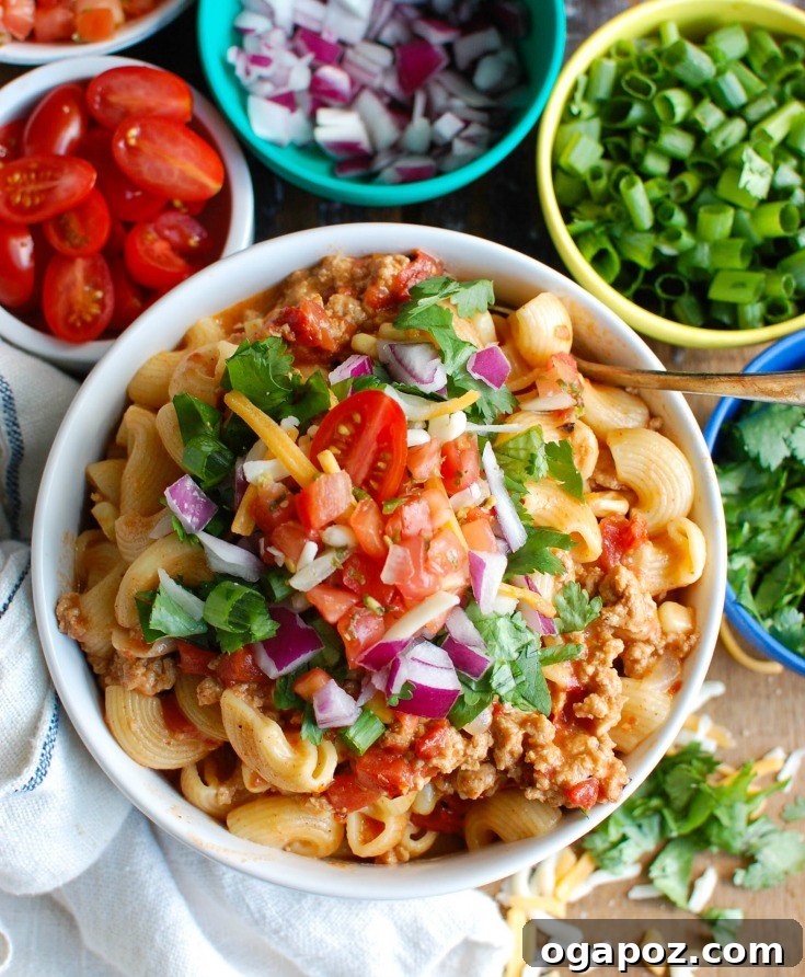 Instant Pot Taco-Spiced Turkey Pasta 5 Instant Pot Turkey Taco Pasta in bowl